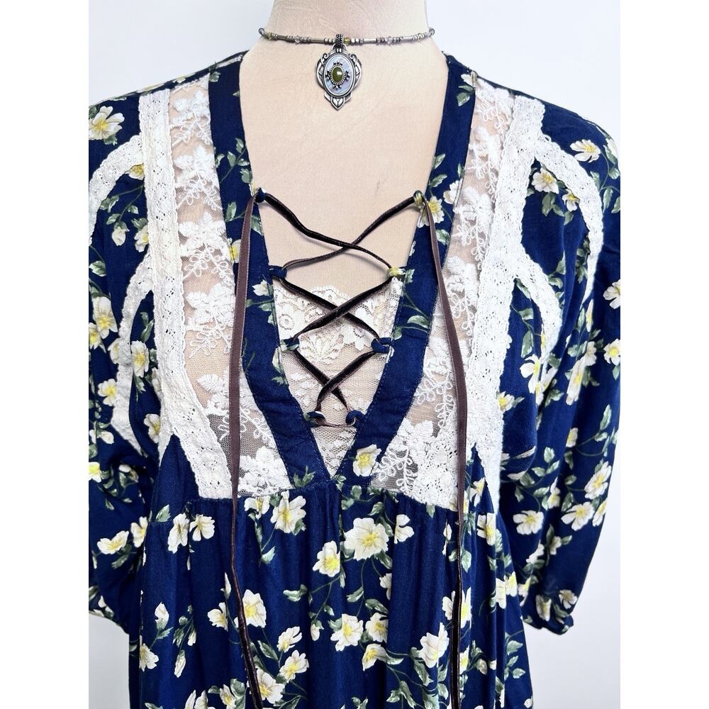 Umgee Boho Dress Medium Cottage Daisy Flowy Lace Up Top Hippie Pheasant - Picture 4 of 12